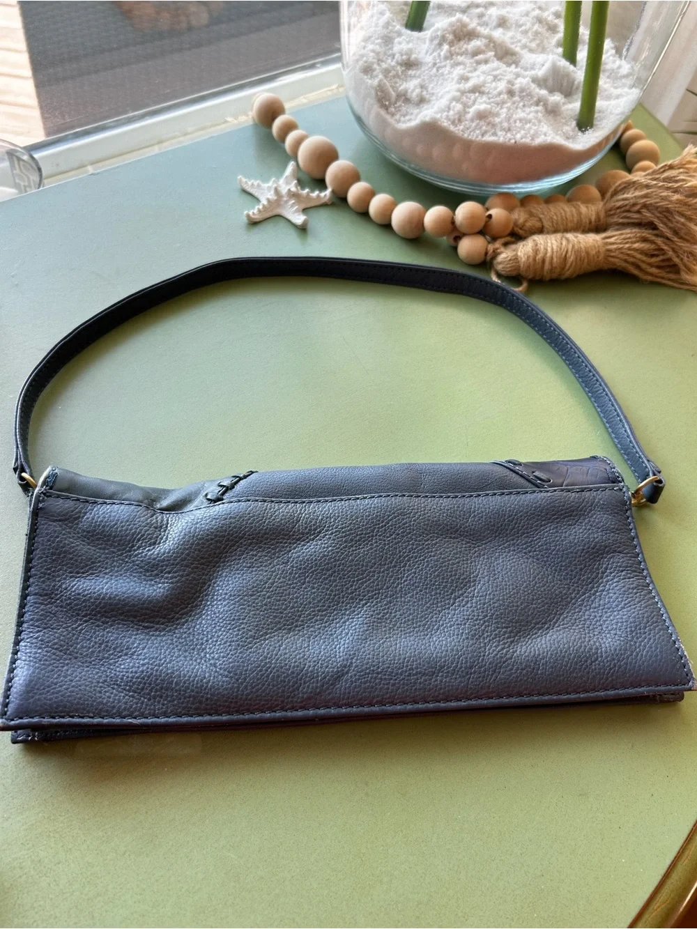 Genuine Leather Boutique Envelope Clutch Shoulder Bag Black Croc Embossed